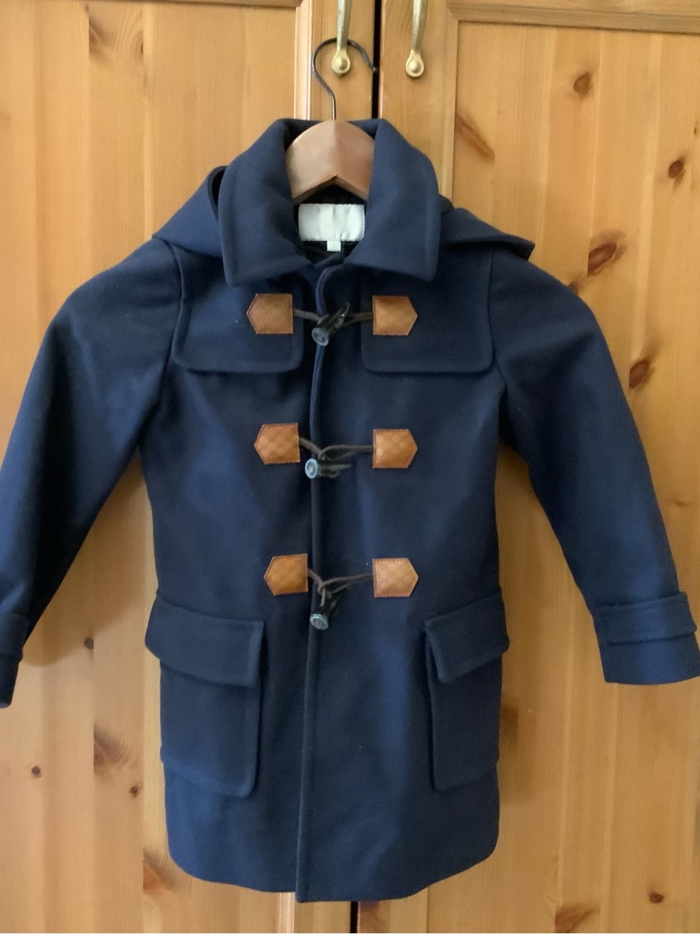 GUCCI Kids Navy Wool Duffle Coat Leather GG Pattern Toggles Hooded Size 5 Italy